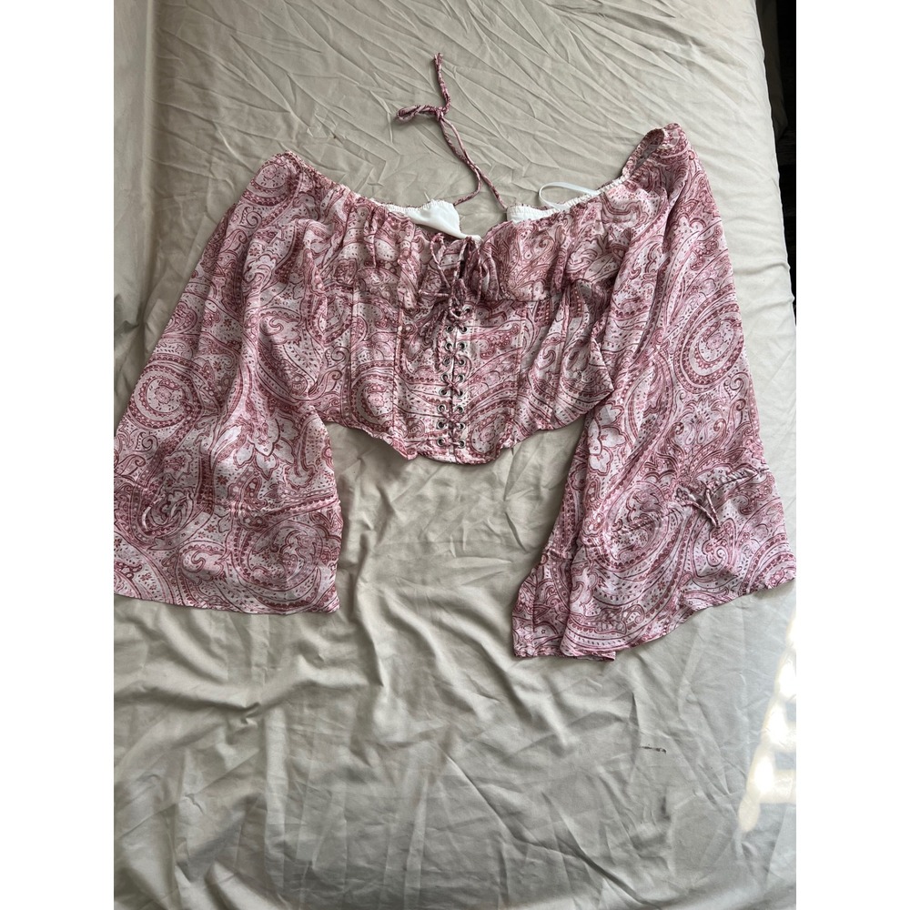 Missguided XL Pink Paisley Corset Crop Top Bell Sleeve Lace Up Y2K Boho